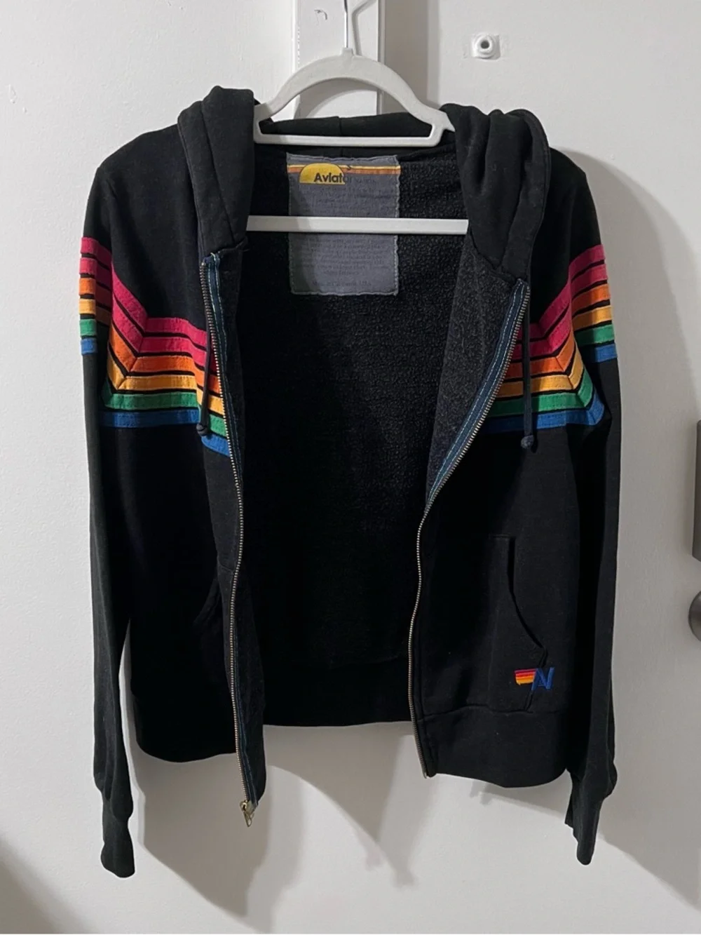 Aviator Nation 5 Stripe Zip Hoodie with Rainbow Stripe Detail - Picture 3 of 9